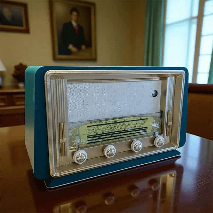 radio vintage bluetooth verte et dorée posée sur une table en bois de noyer réalisée par atelier-ofactory